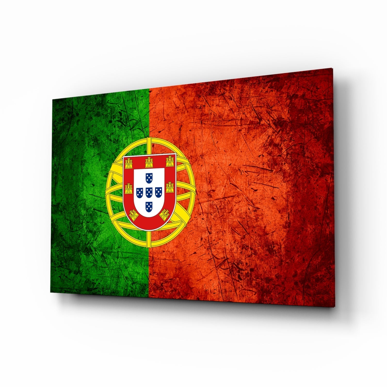 Portuguese flag glass wall art displayed at an angled perspective, showing green and red sections with central coat of arms and yellow border.