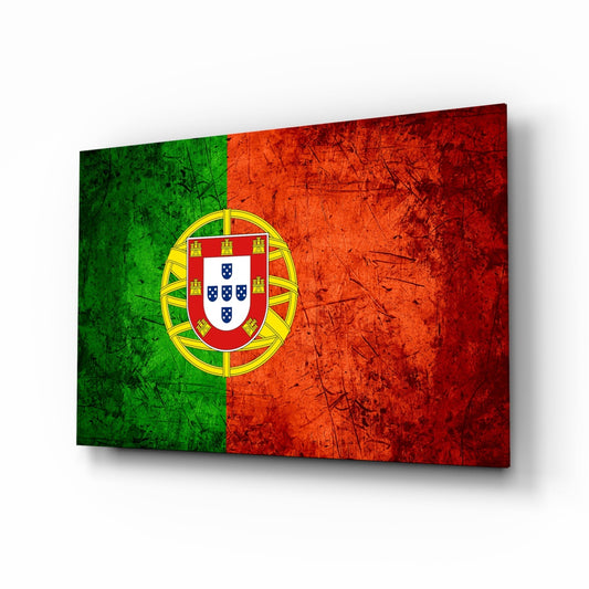 Portuguese flag glass wall art displayed at an angled perspective, showing green and red sections with central coat of arms and yellow border.
