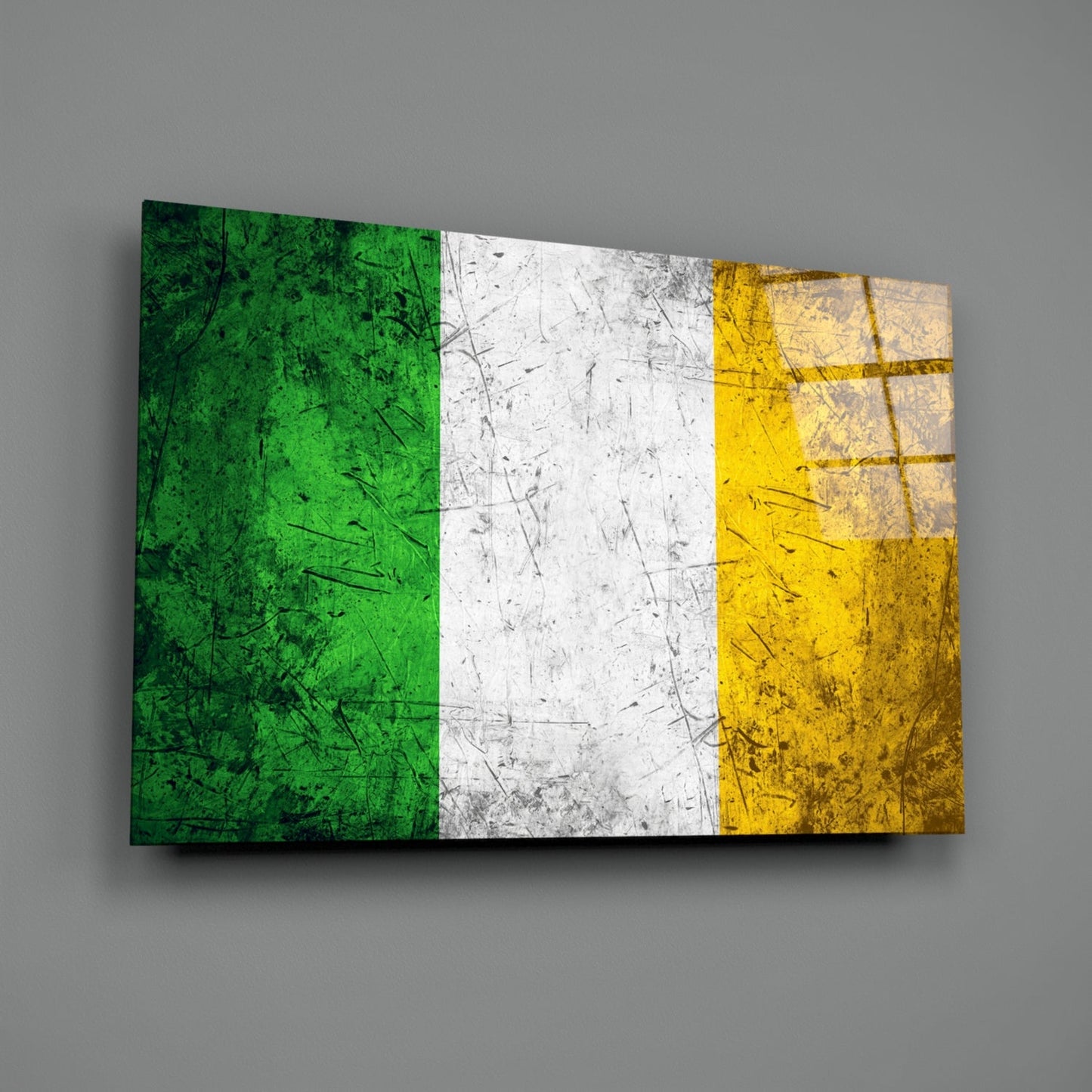 Scratched Metal Ireland Tricolor Flag Glass Wall Art