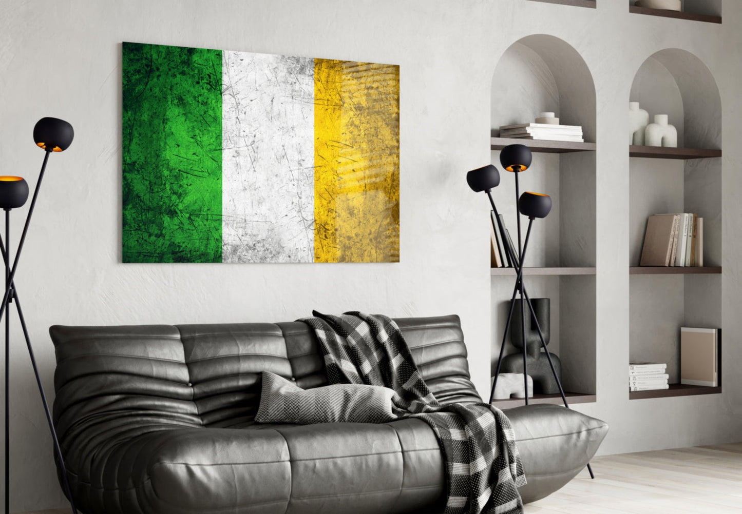 Scratched Metal Ireland Tricolor Flag Glass Wall Art