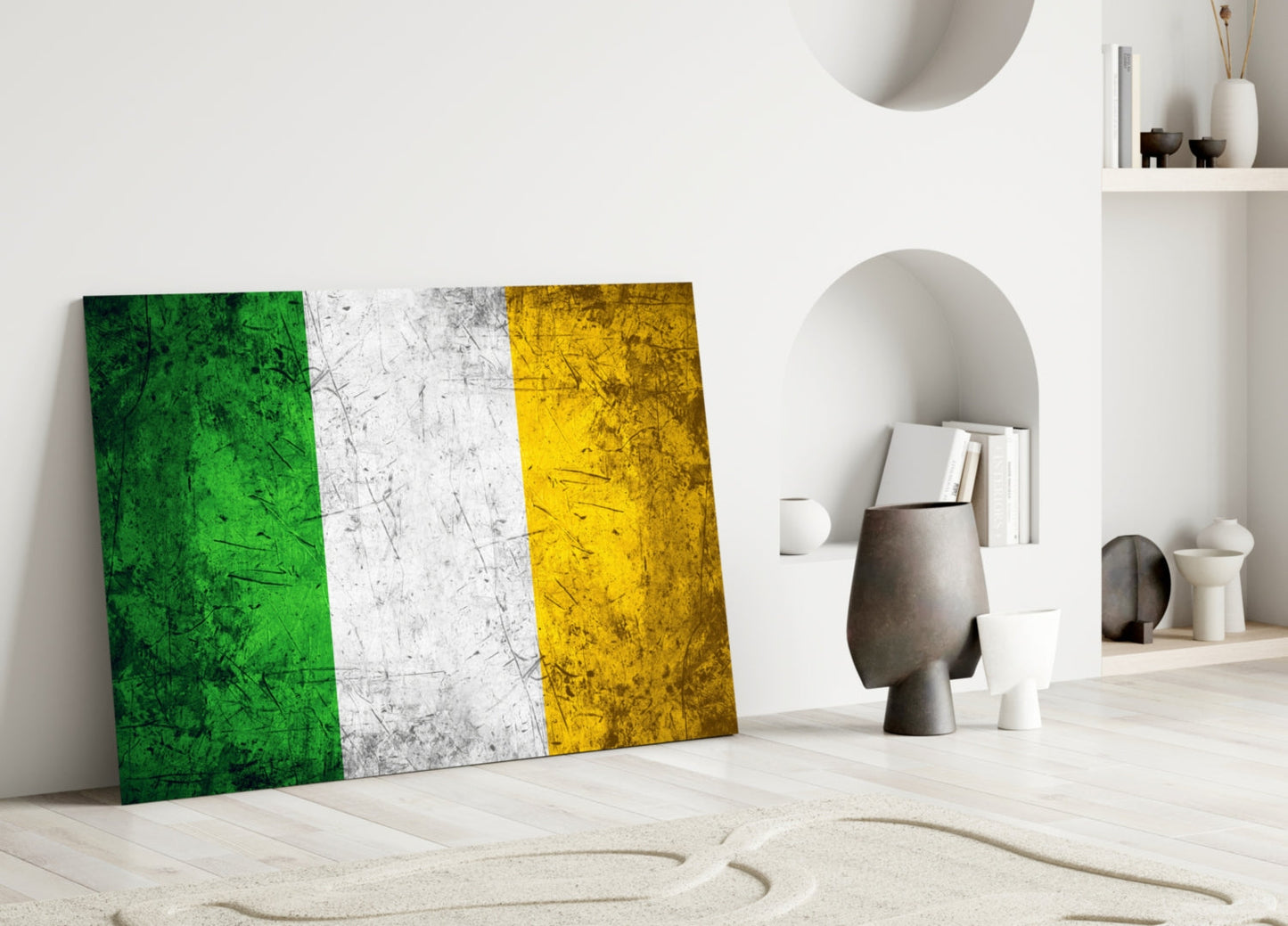 Scratched Metal Ireland Tricolor Flag Glass Wall Art