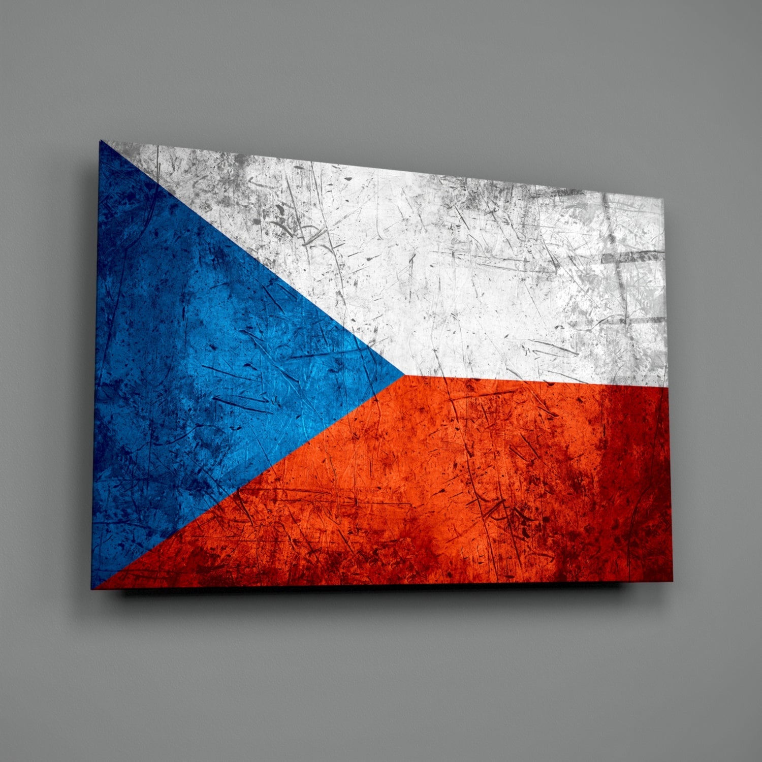Czechia flag glass wall art displayed at an angle against a gray wall, showing blue, white, and red sections with a distressed texture.