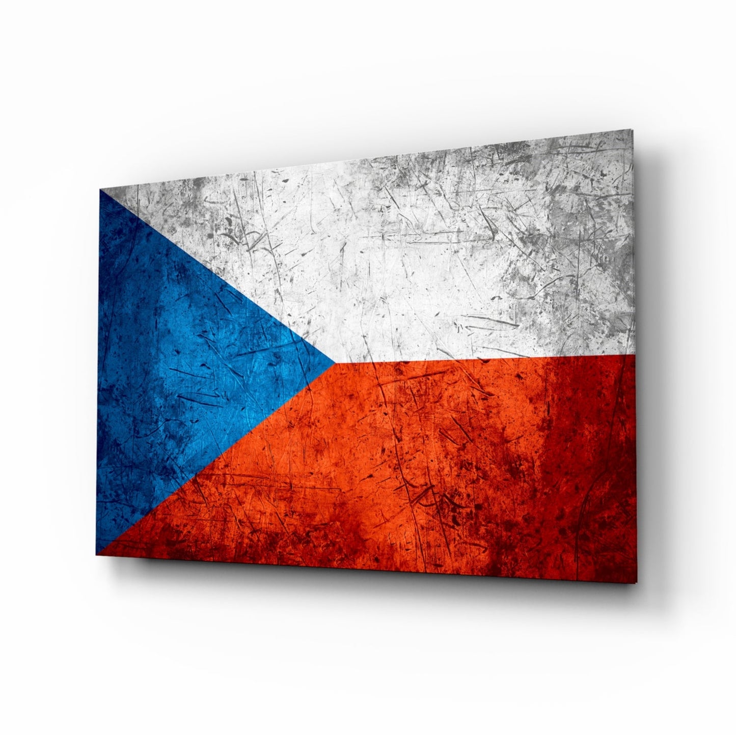 Czech flag glass wall art displayed at an angle, showing blue, white, and red sections with distressed texture and scratches.