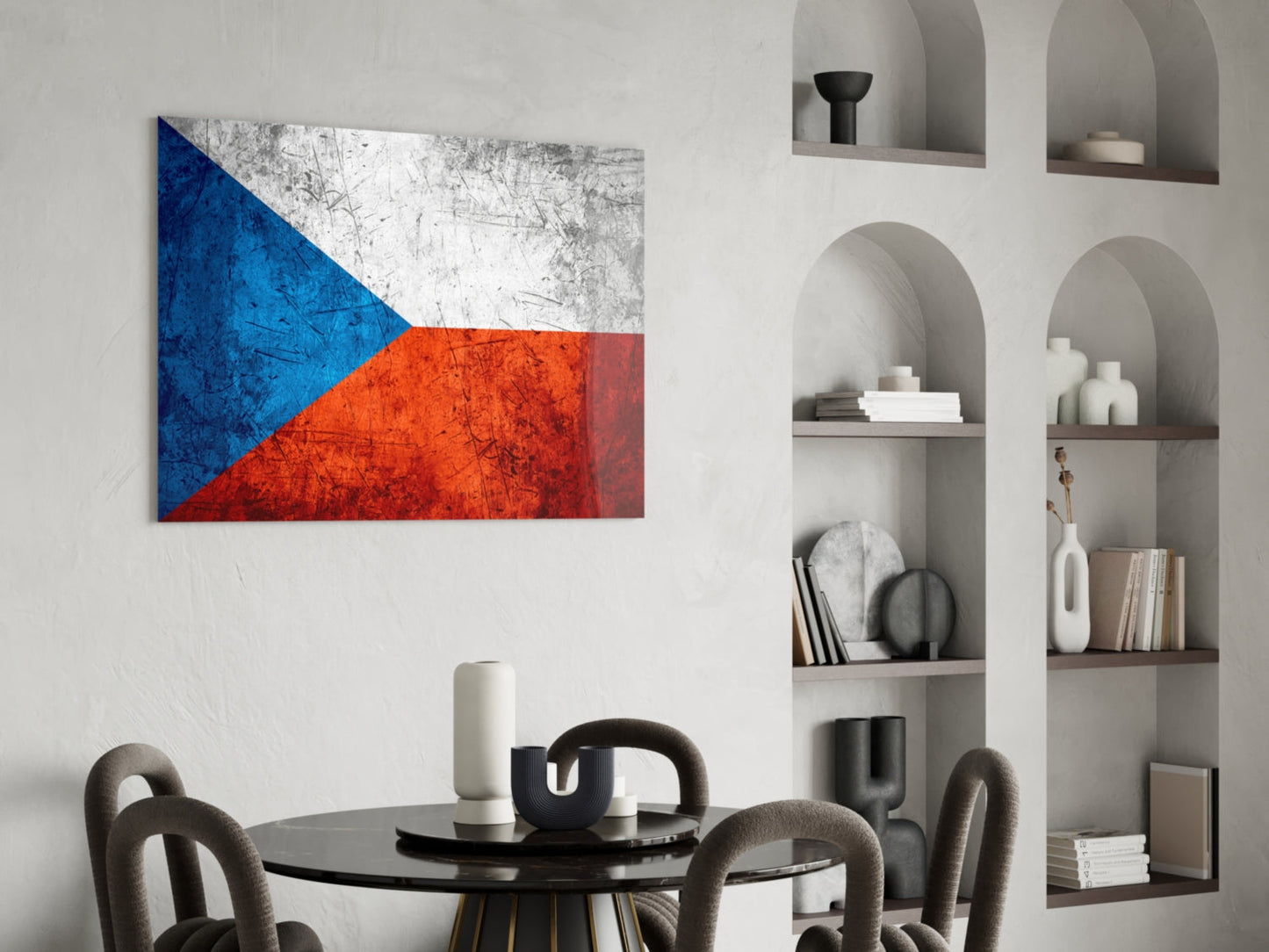 Czech flag glass wall art with blue, red, and white colors displayed above a dining table in a modern interior setting.