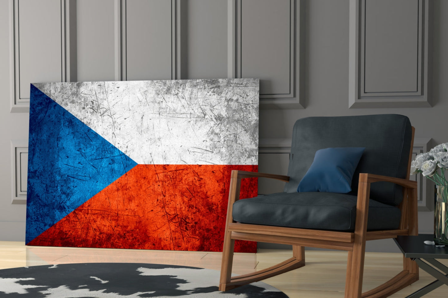 Czech flag glass wall art displayed in modern living room interior with wooden chair and gray paneled wall.