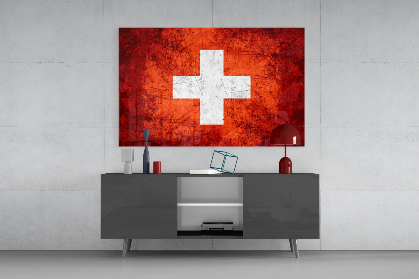 Bright Orange Scratched Swiss Cross Flag Glass Wall Art