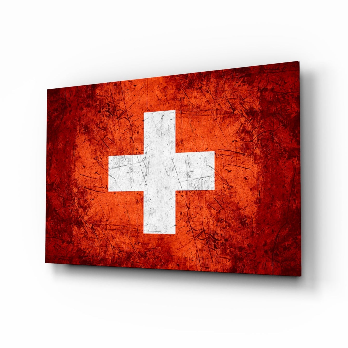 Bright Orange Scratched Swiss Cross Flag Glass Wall Art
