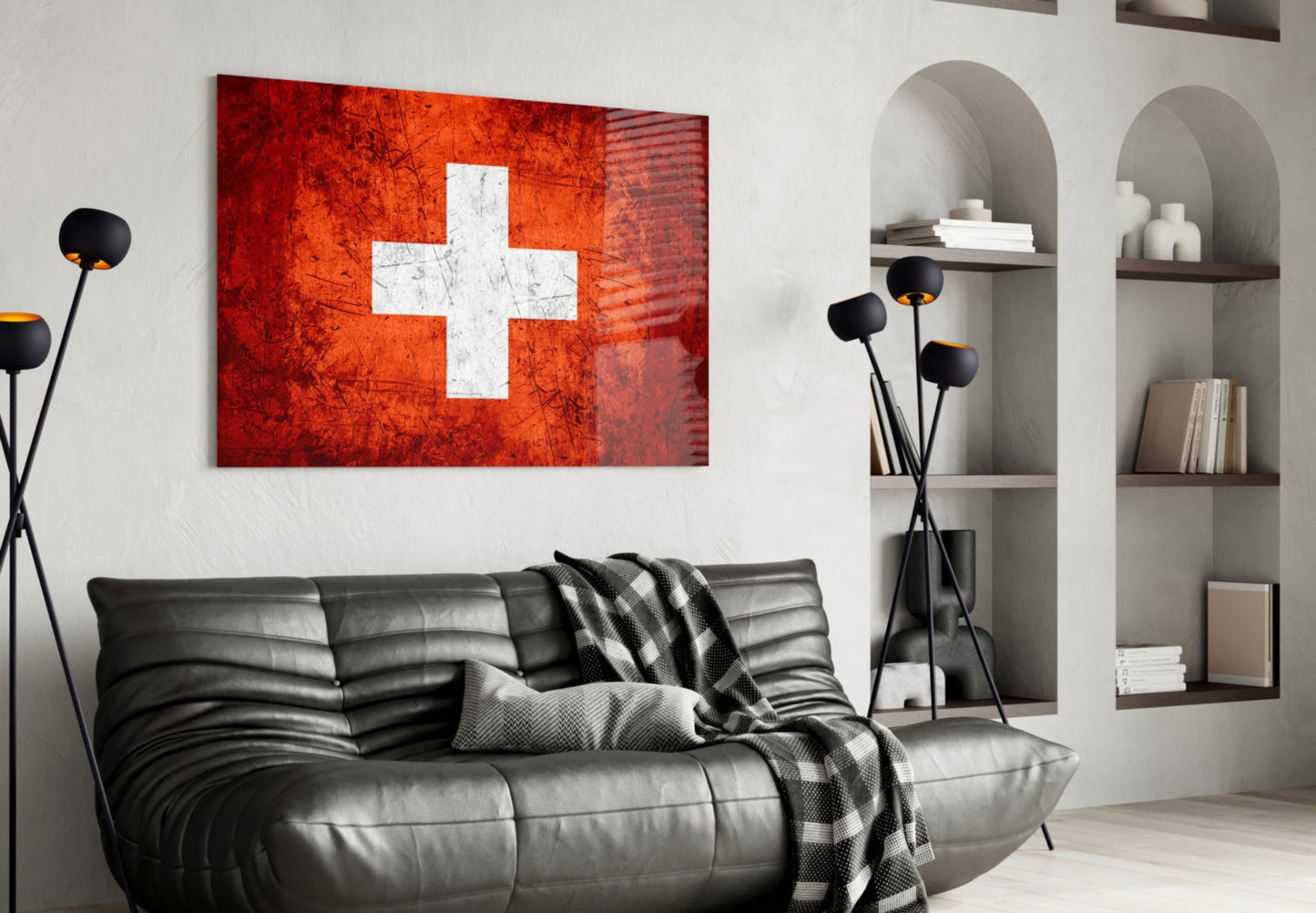 Bright Orange Scratched Swiss Cross Flag Glass Wall Art