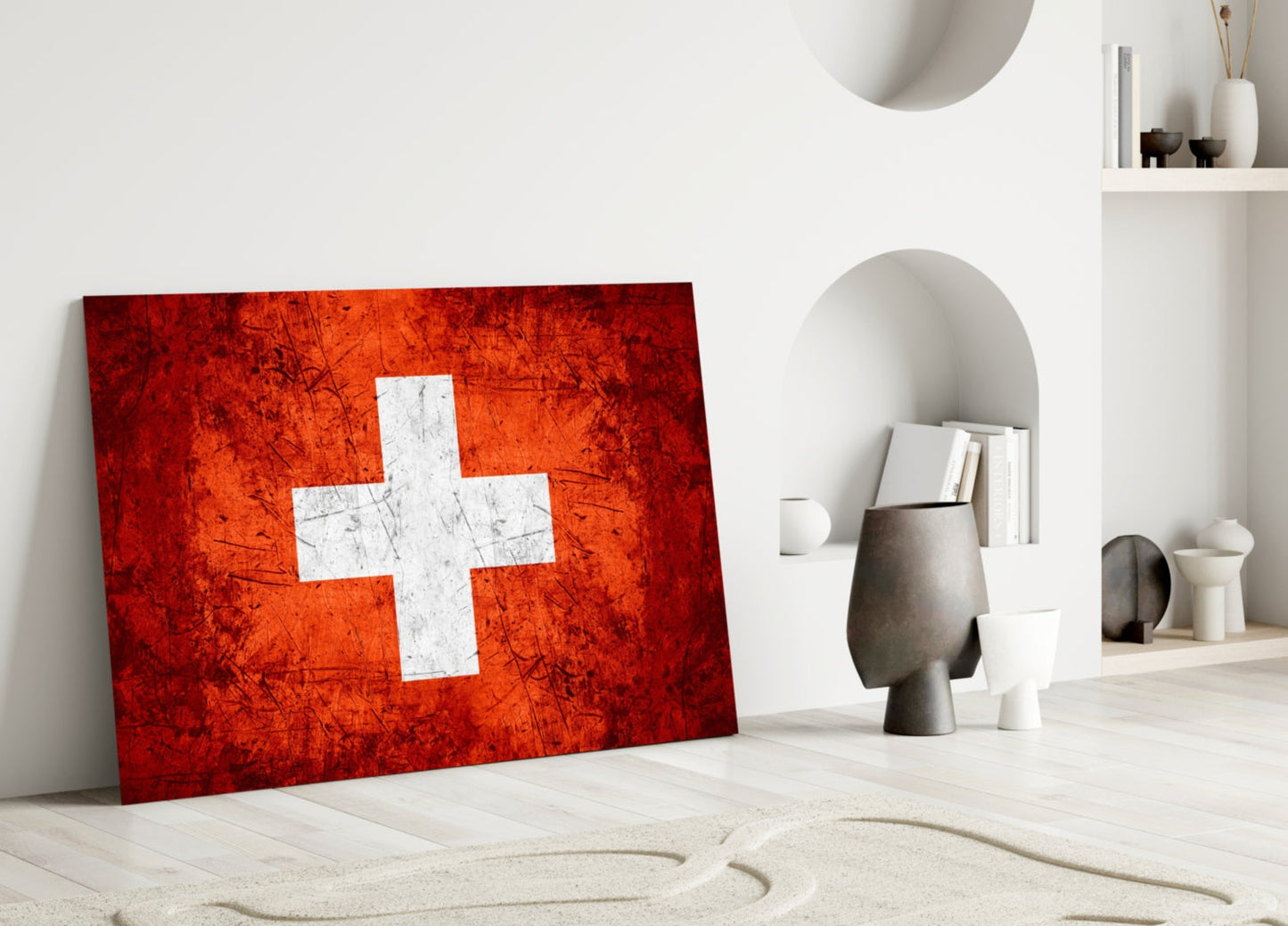 Bright Orange Scratched Swiss Cross Flag Glass Wall Art