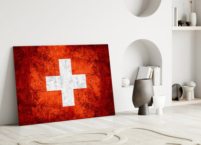 Bright Orange Scratched Swiss Cross Flag Glass Wall Art
