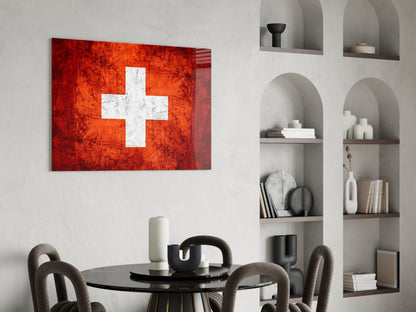 Bright Orange Scratched Swiss Cross Flag Glass Wall Art