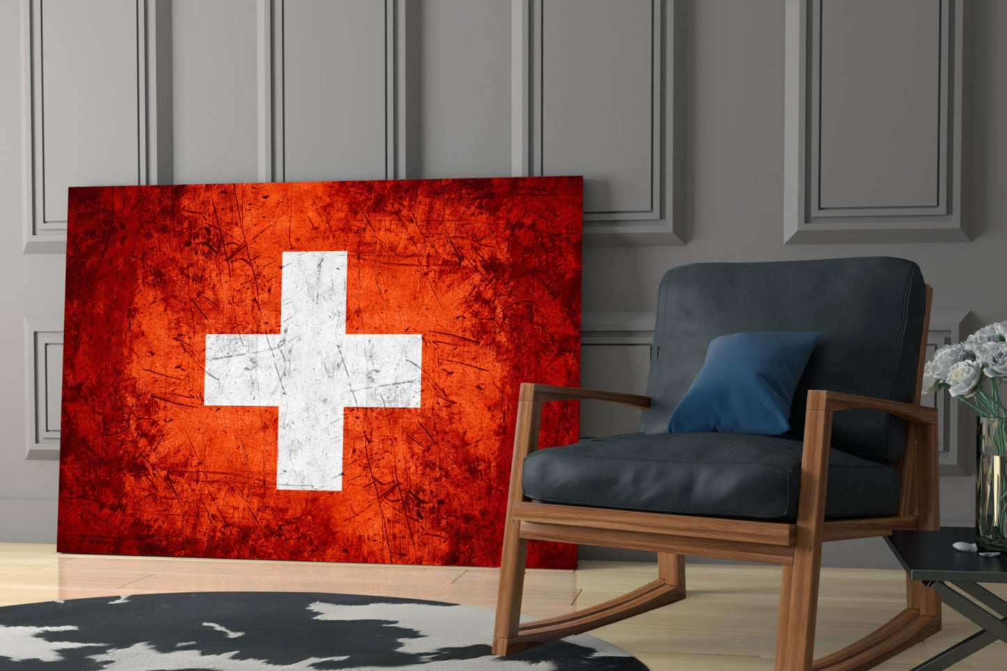Bright Orange Scratched Swiss Cross Flag Glass Wall Art