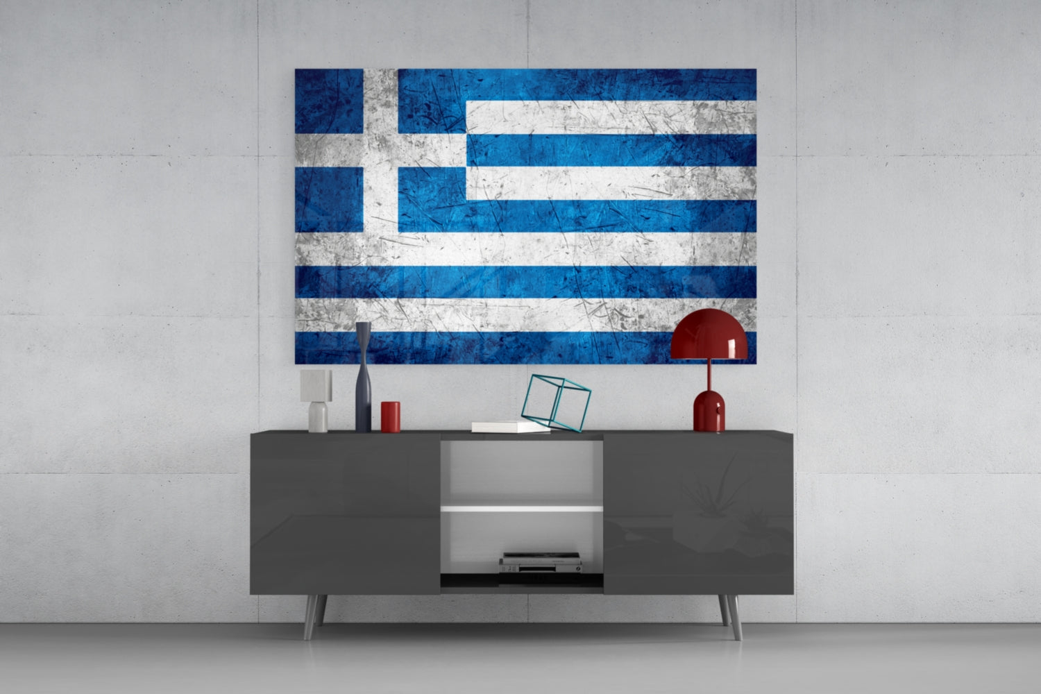 Greek flag glass wall art with blue and white stripes displayed above a dark gray media console in a modern interior setting.