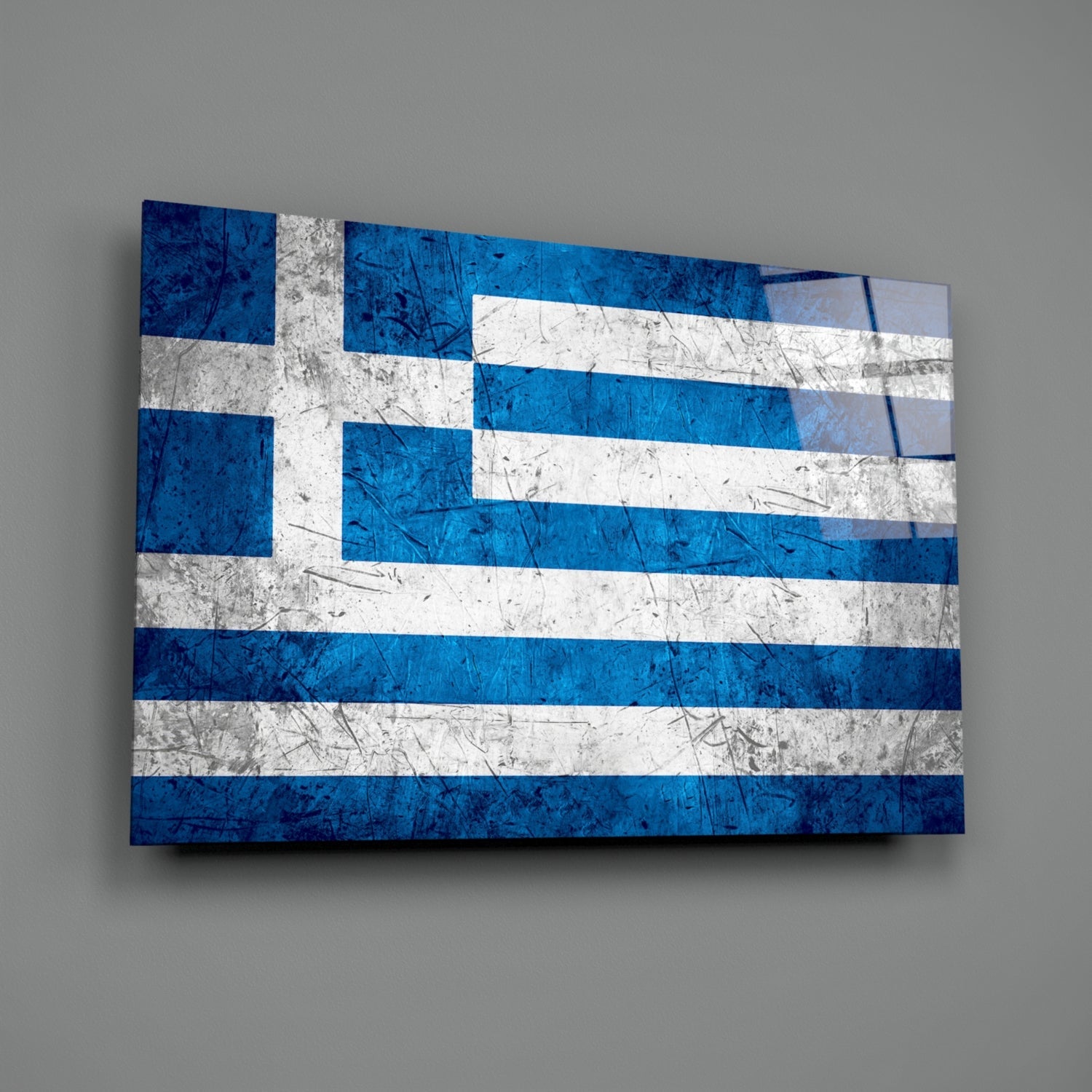 Greek flag glass wall art displayed at an angle, showing blue and white horizontal stripes with a distressed texture.