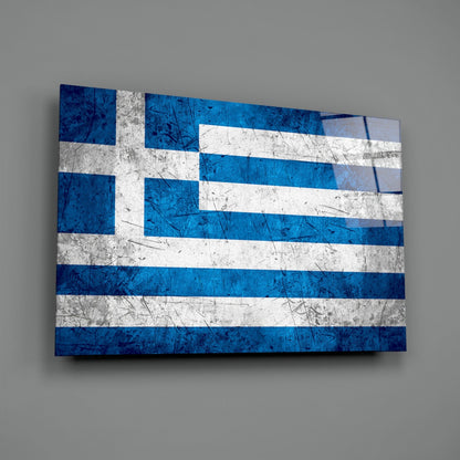 Greek flag glass wall art displayed at an angle, showing blue and white horizontal stripes with a distressed texture.