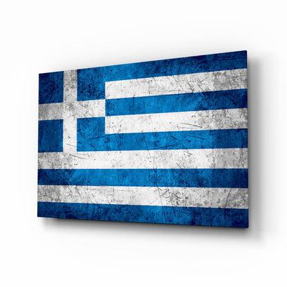 Greek flag glass wall art displayed at an angled perspective, showing blue and white horizontal stripes with a cross in the upper left corner.