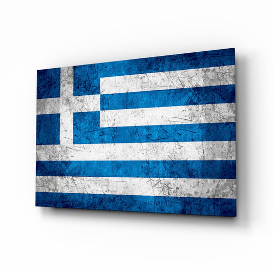 Greek flag glass wall art displayed at an angled perspective, showing blue and white horizontal stripes with a cross in the upper left corner.
