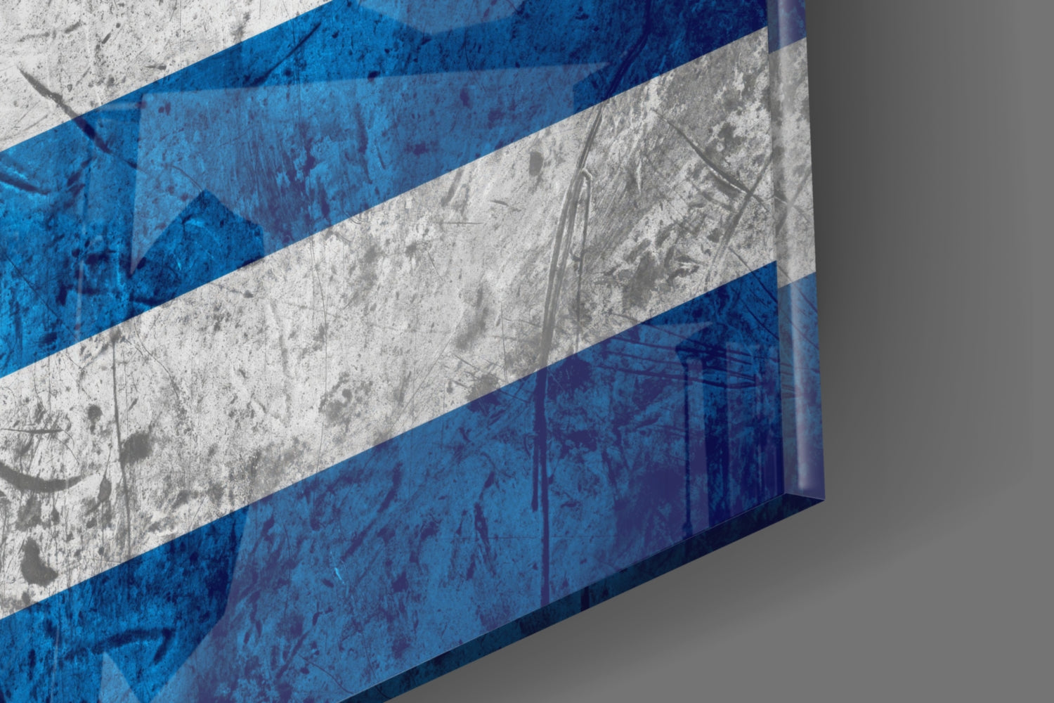 Three-dimensional glass wall art displaying blue and white horizontal stripes with distressed texture, angled perspective view.