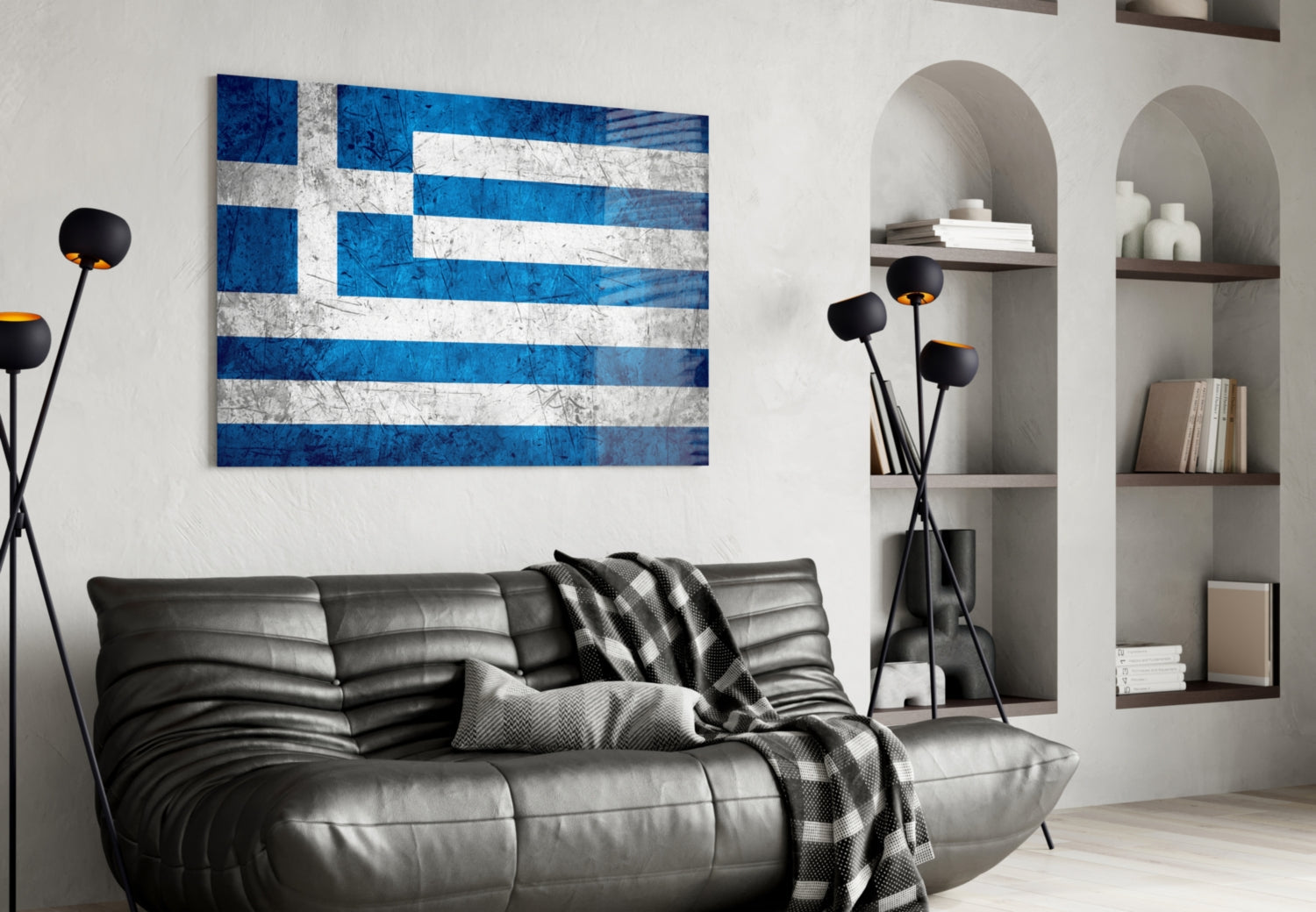 Greek flag glass wall art with blue and white stripes displayed above black leather sofa in modern living room.