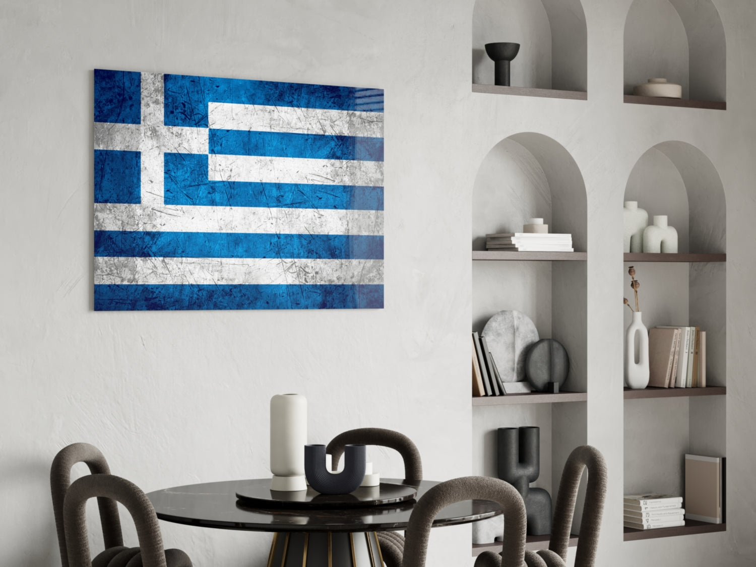 Greek flag glass wall art with blue and white stripes displayed above dining table in modern interior.
