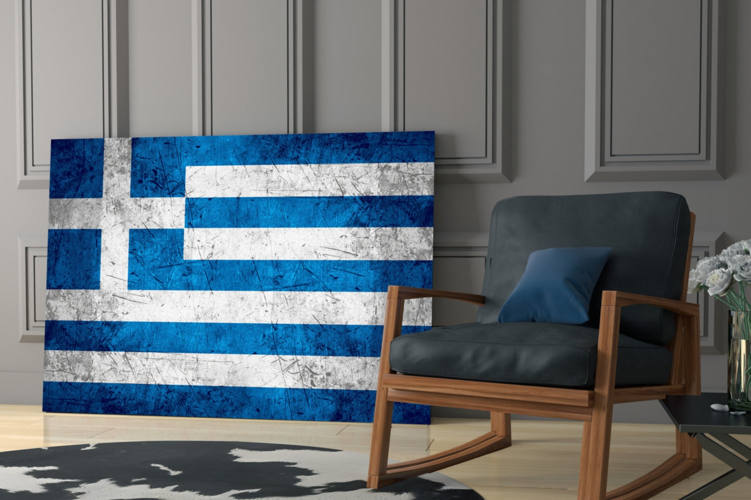 Greek flag glass wall art with blue and white horizontal stripes displayed behind a wooden chair in a modern interior.