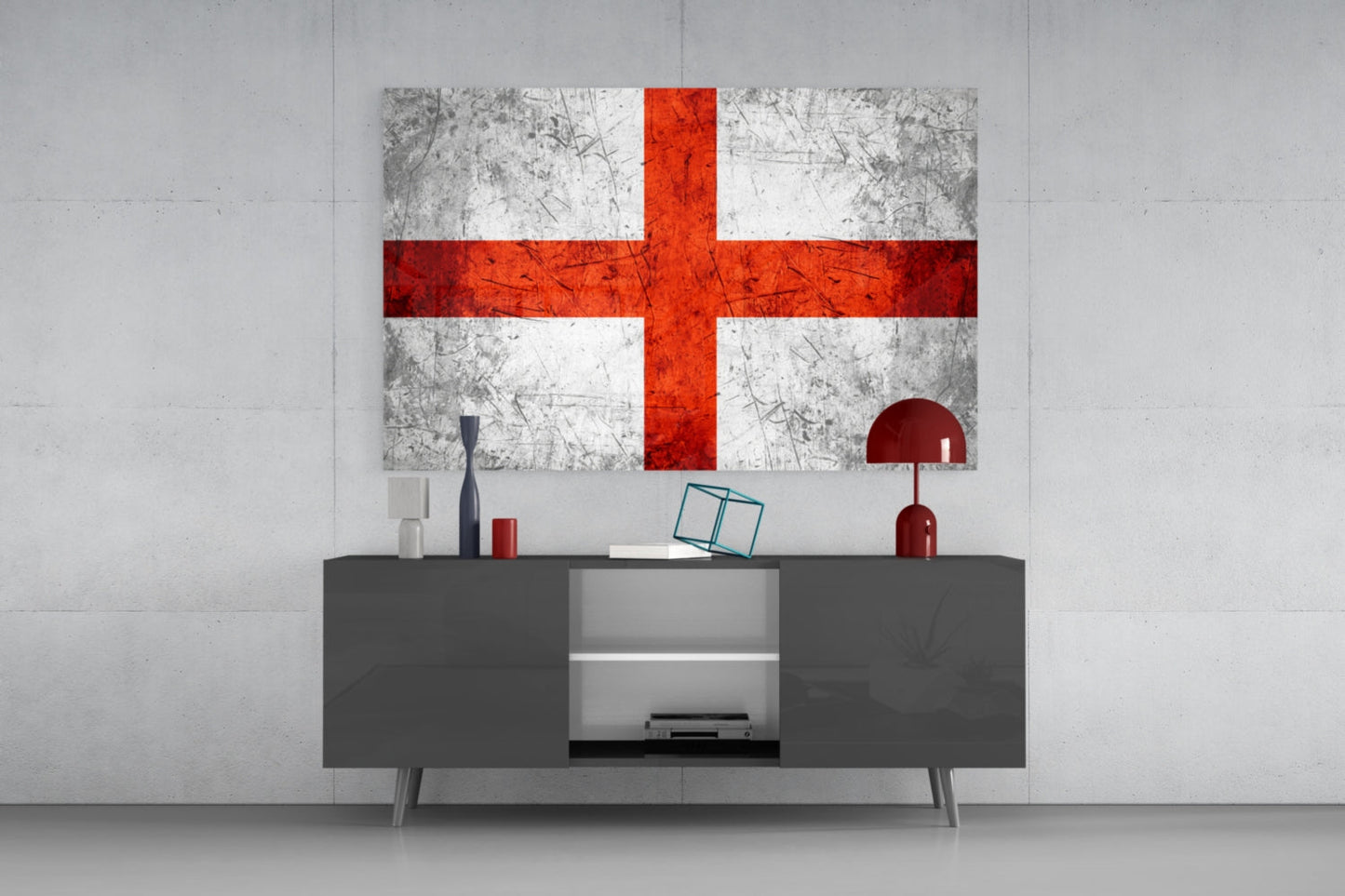 Scratched Steel Gray England Cross Flag Glass Wall Art