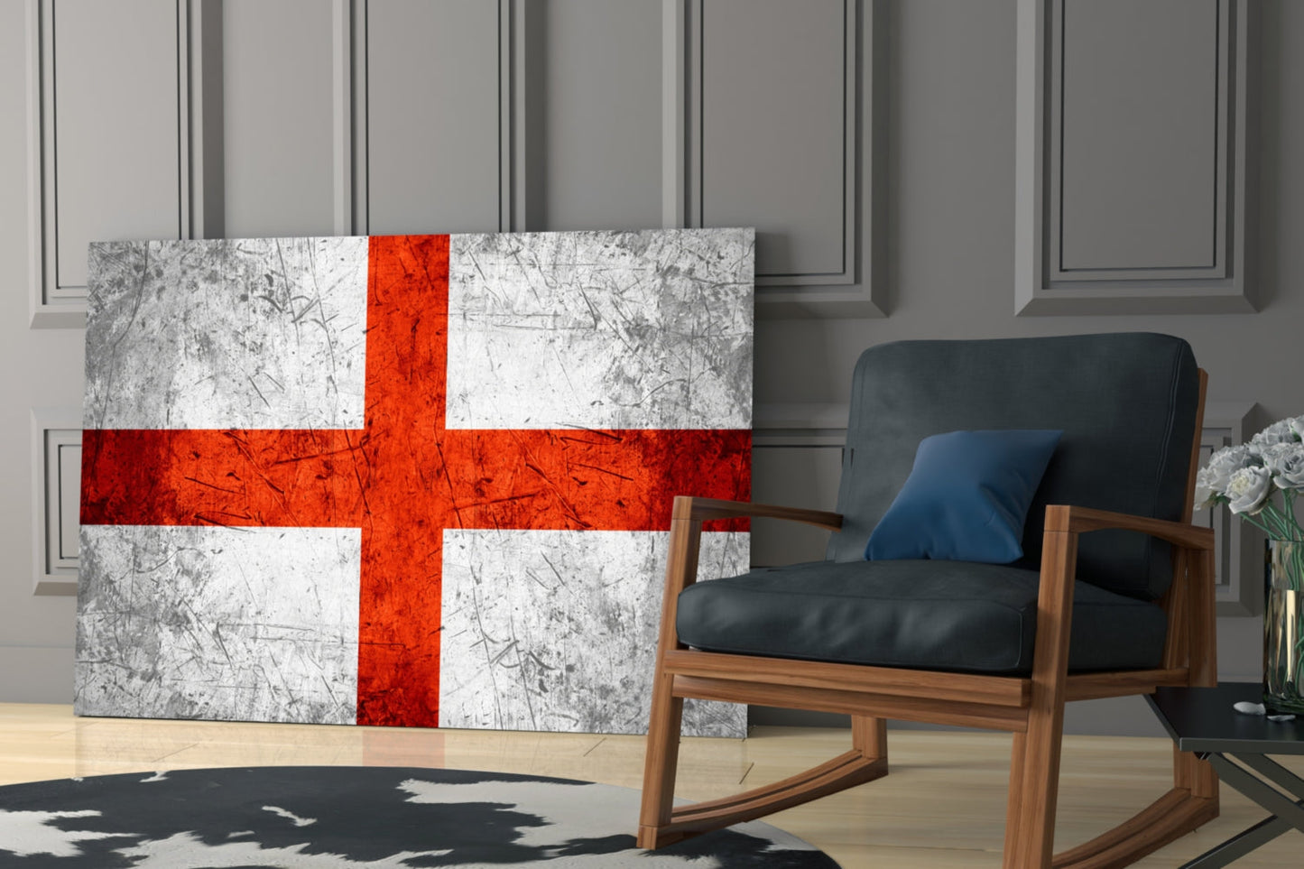 Scratched Steel Gray England Cross Flag Glass Wall Art