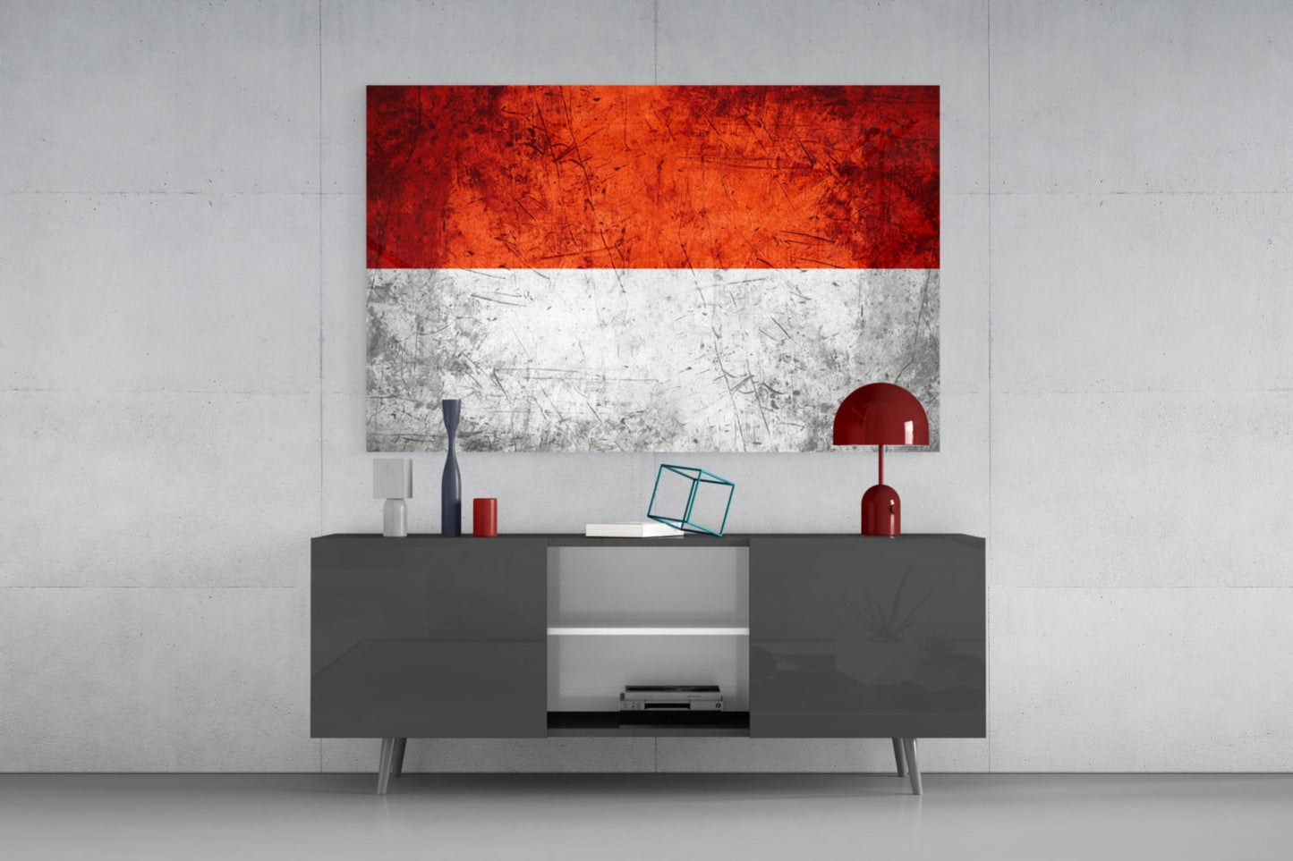 Indonesian flag glass wall art with red and white horizontal stripes displayed above gray media console in modern interior setting.