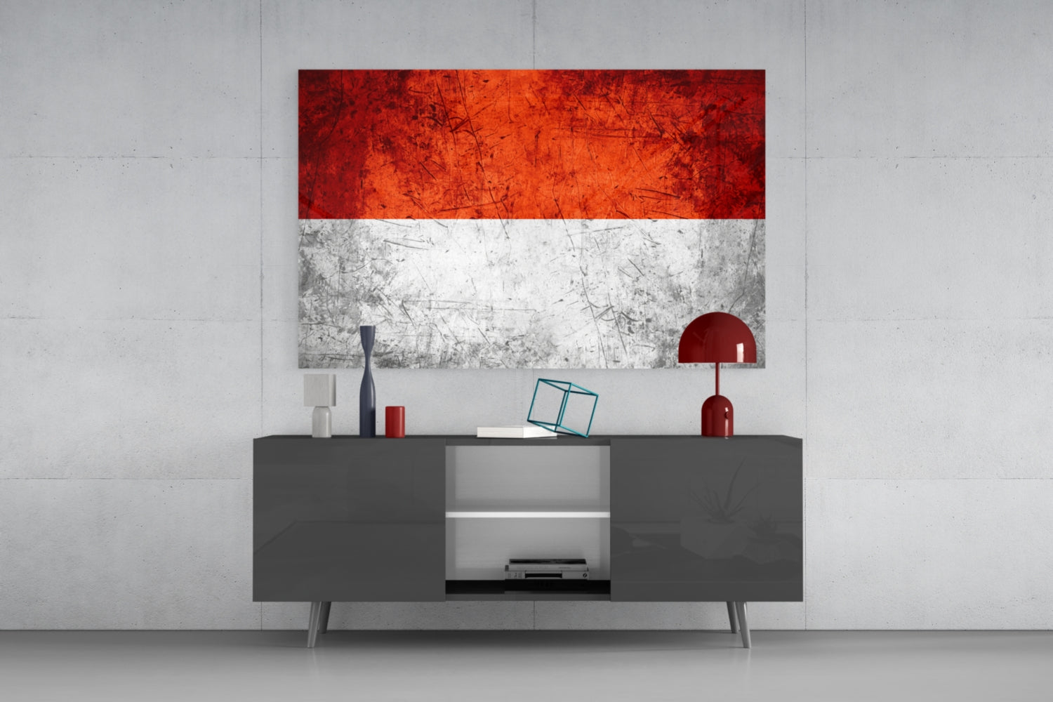 Indonesian flag glass wall art with red and white horizontal stripes displayed above gray media console in modern interior setting.
