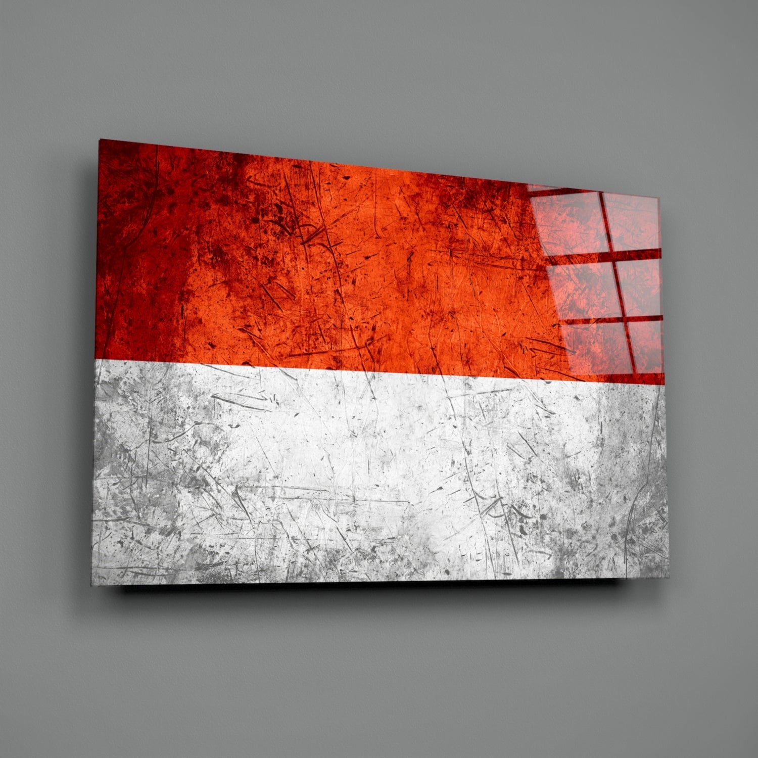 Indonesian flag glass wall art displayed at an angle, showing red and white horizontal stripes with distressed texture and grid pattern overlay.