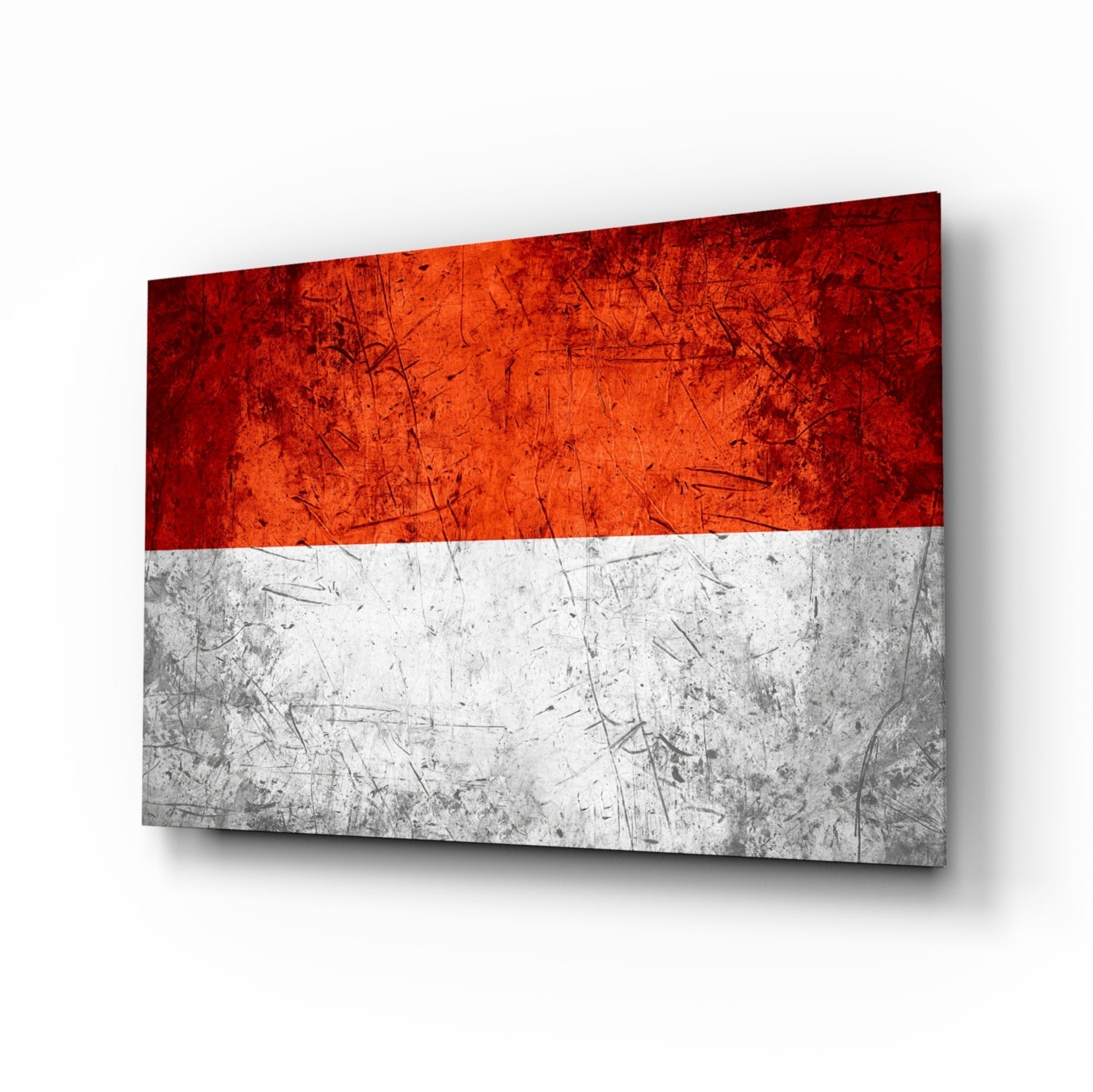 Angled perspective view of Indonesian flag glass wall art with red and white horizontal stripes featuring distressed texture.