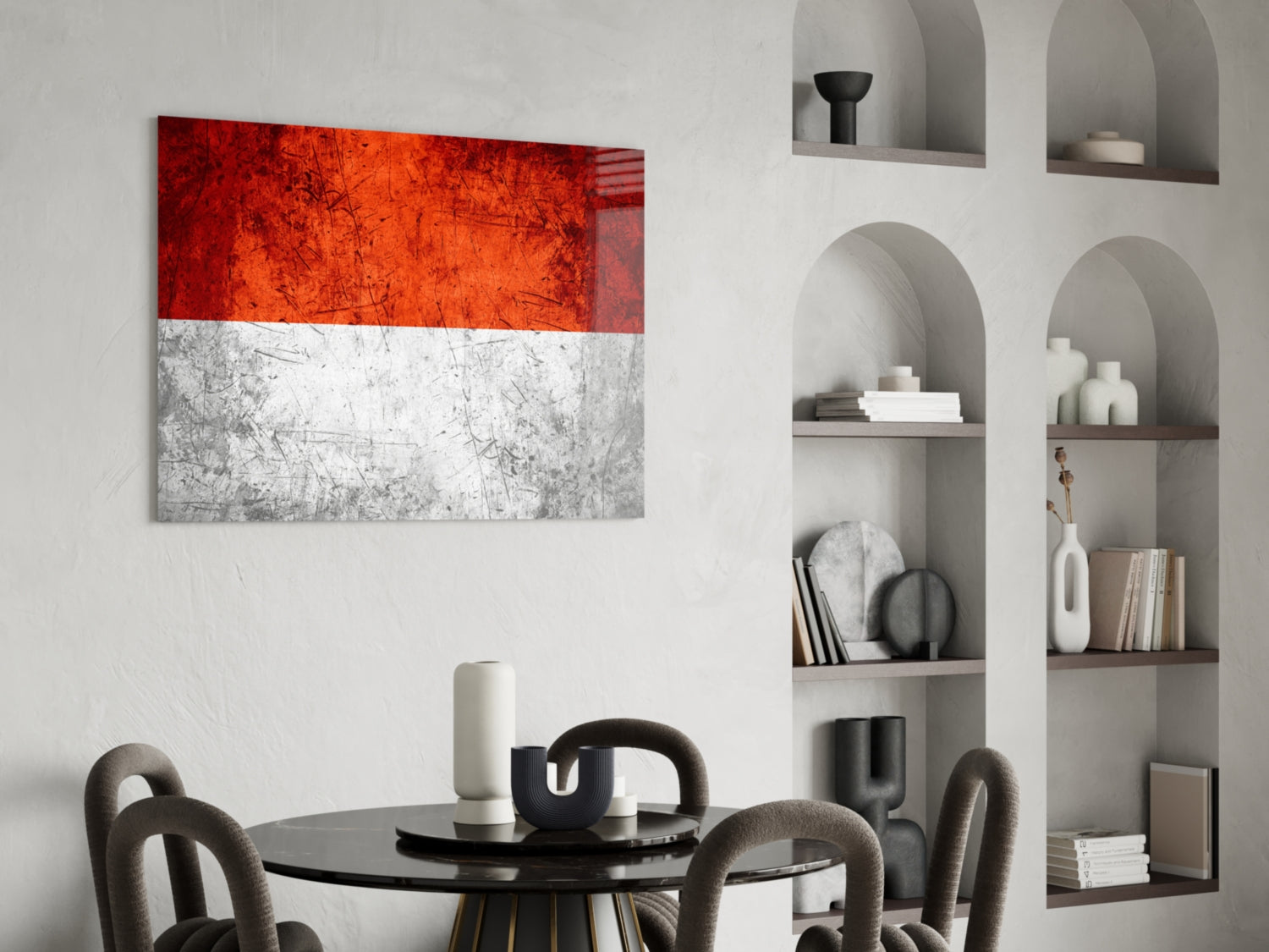 Indonesian flag glass wall art with red and white horizontal stripes displayed above a dining table in a modern interior.