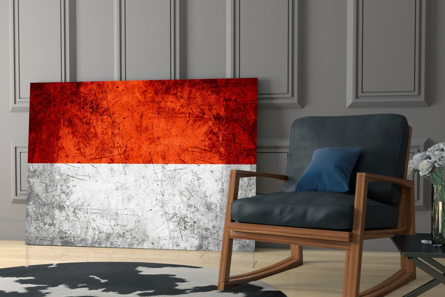 Indonesian flag glass wall art leaning against wall beside wooden chair in modern interior space.