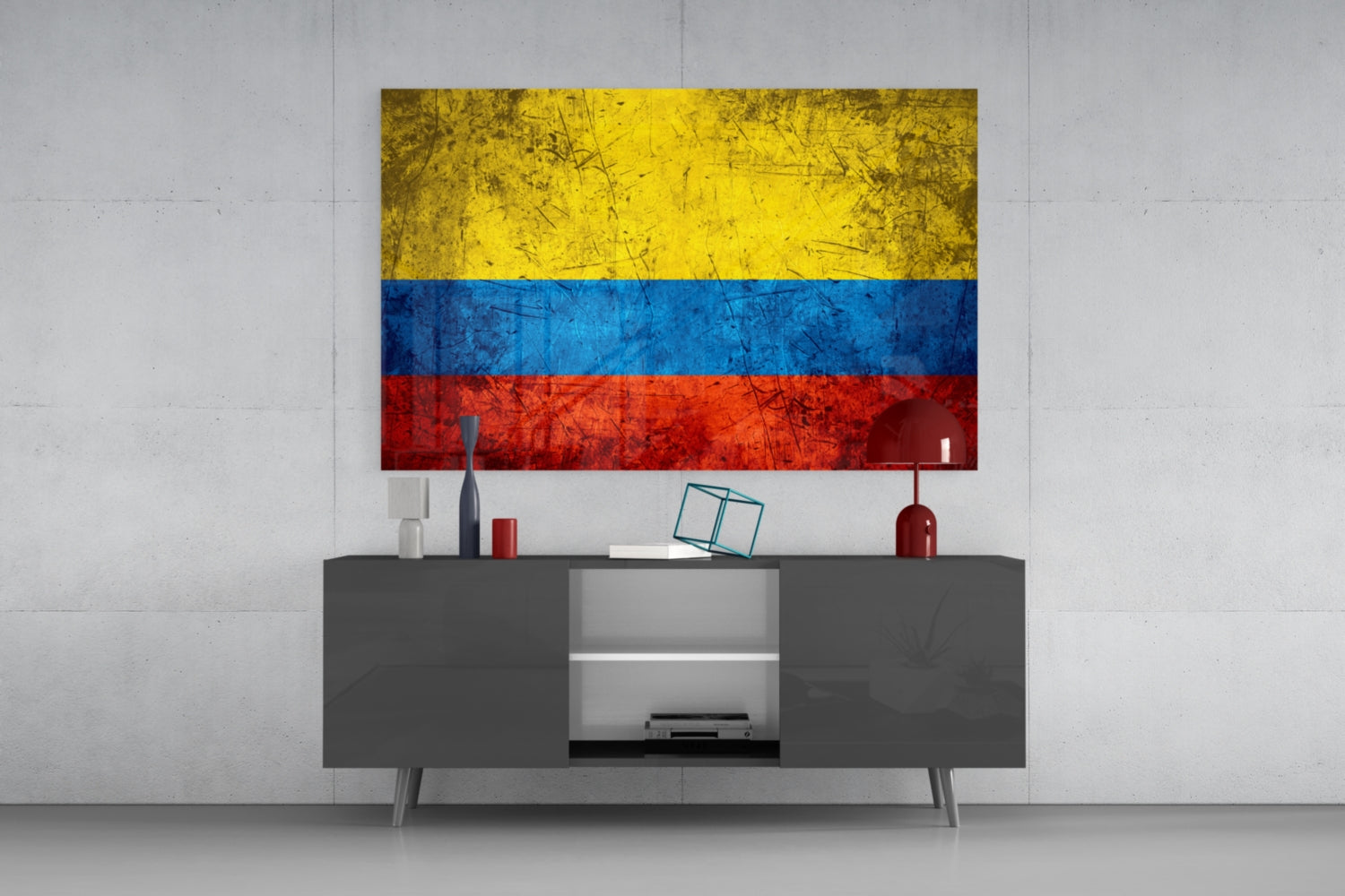 Colombian flag glass wall art with yellow, blue, and red horizontal stripes displayed above gray media console.