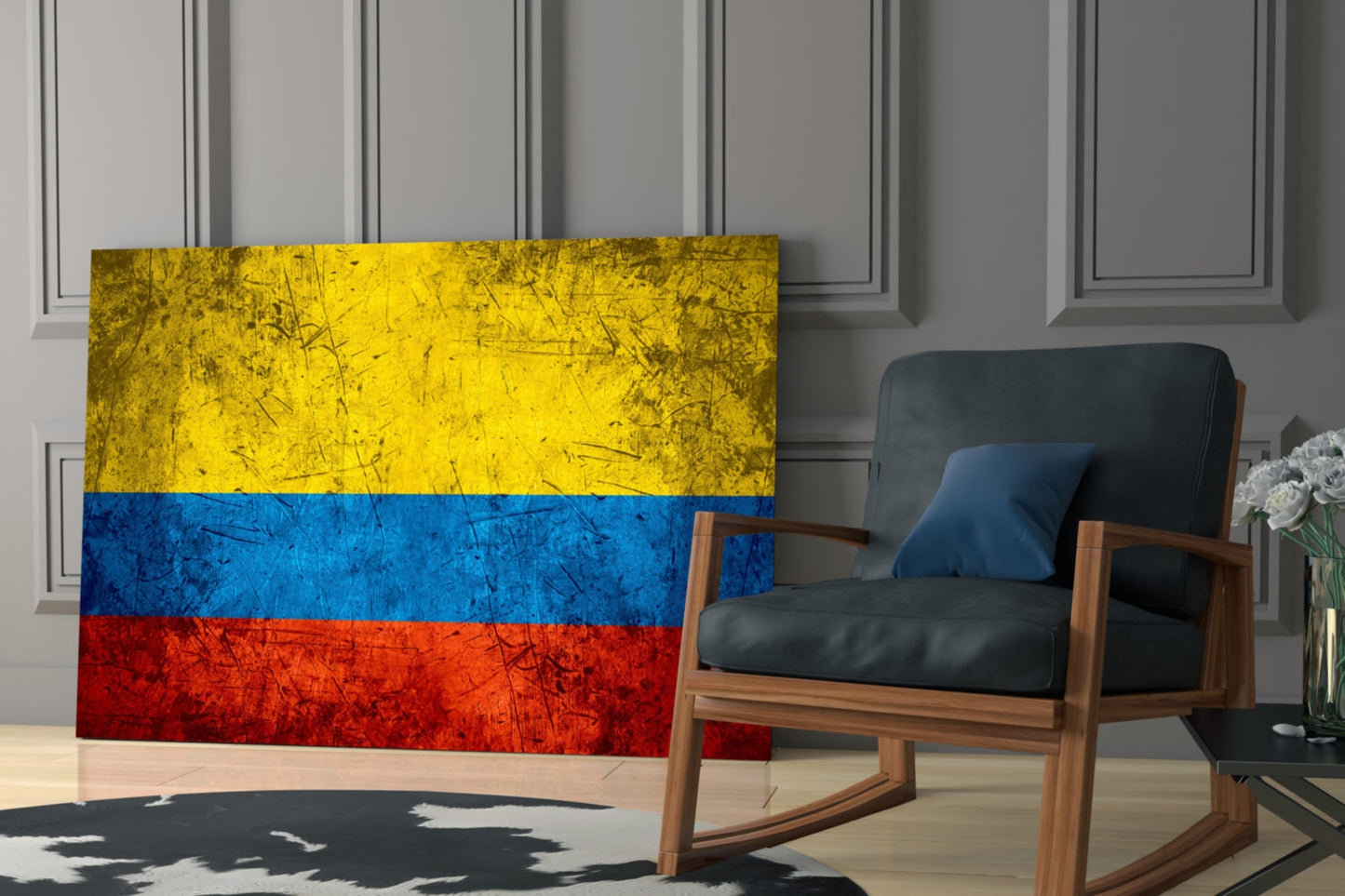 Colombian flag glass wall art displaying yellow, blue, and red horizontal stripes displayed in modern living room setting.
