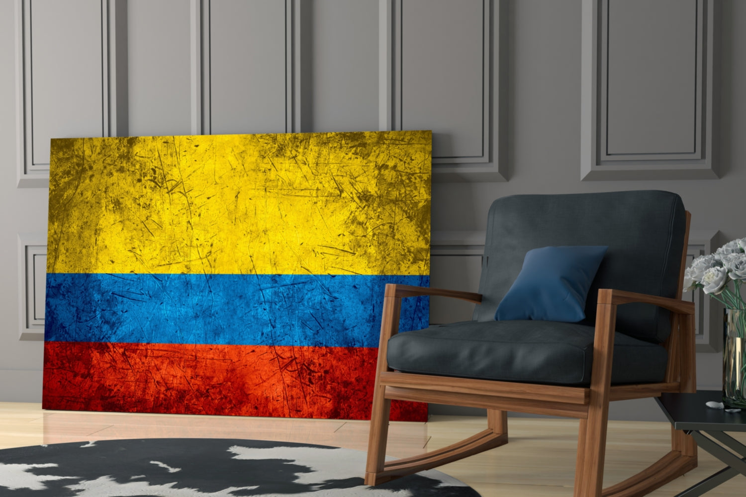 Colombian flag glass wall art displaying yellow, blue, and red horizontal stripes displayed in modern living room setting.