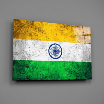 Indian flag glass wall art displayed at an angle, showing horizontal stripes of saffron, white, and green with blue Ashoka Chakra.