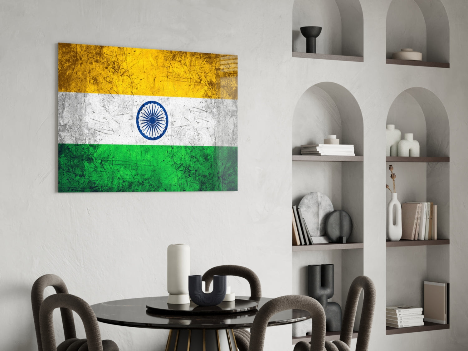 Indian flag glass wall art with yellow, white, and green horizontal stripes and blue Ashoka Chakra displayed above dining table.