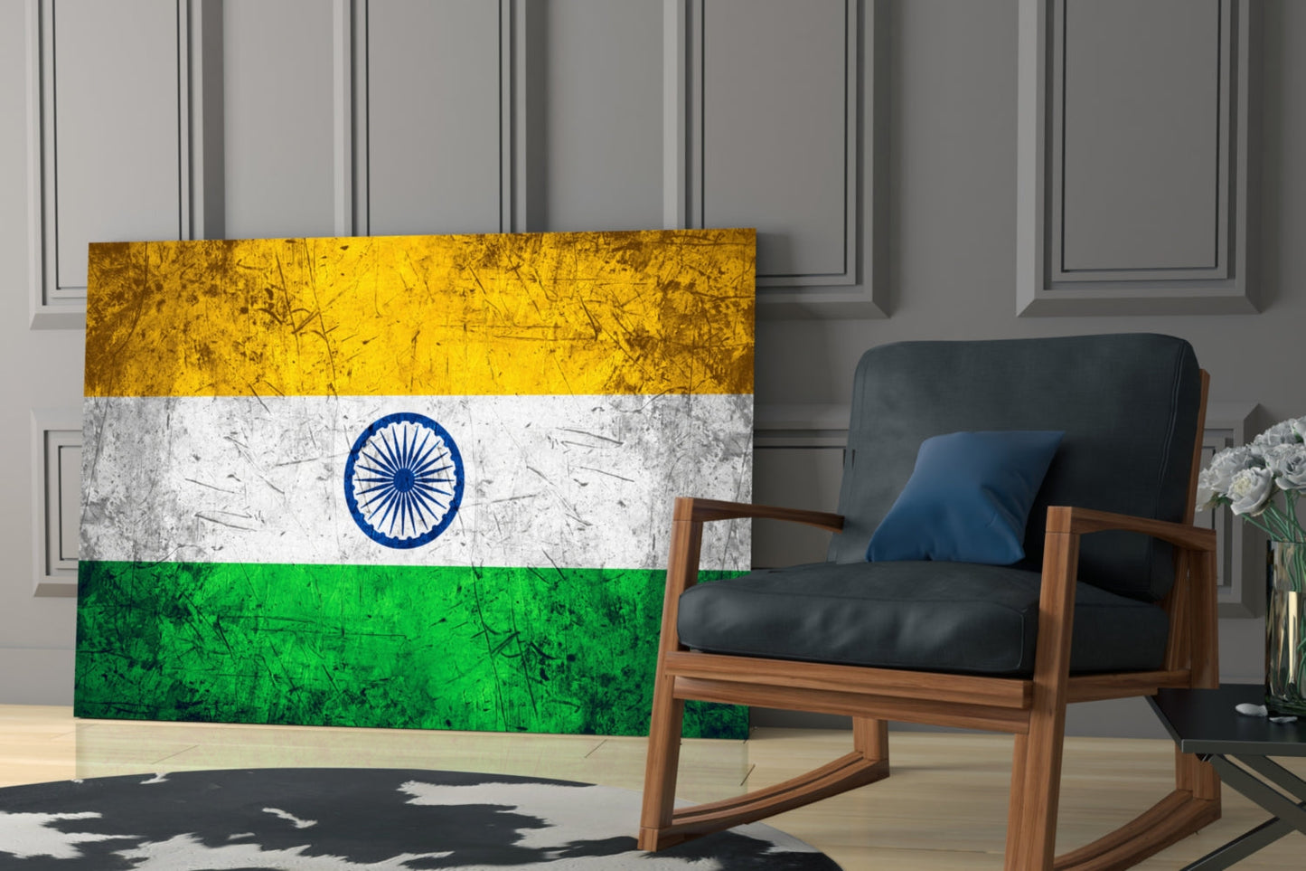 India flag glass wall art displaying saffron, white, and green horizontal stripes with blue Ashoka Chakra, positioned in modern living room beside wooden chair.