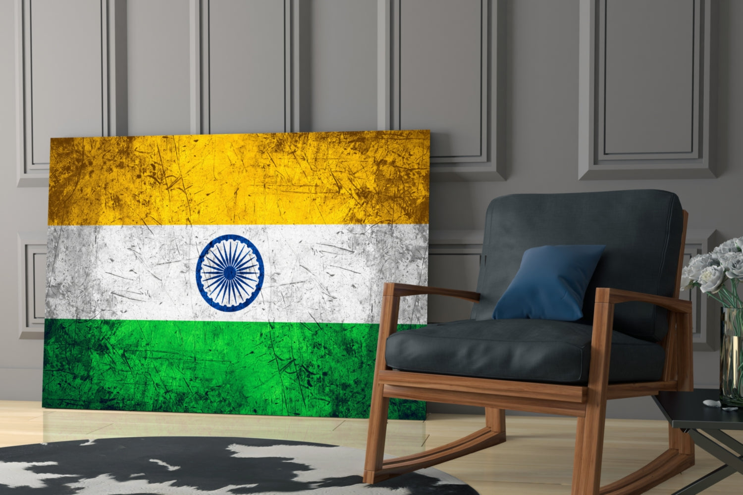 India flag glass wall art displaying saffron, white, and green horizontal stripes with blue Ashoka Chakra, positioned in modern living room beside wooden chair.