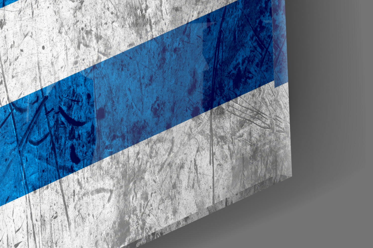 Angled 3D view of glass wall art featuring Uruguay's flag with white and blue horizontal stripes on textured surface.