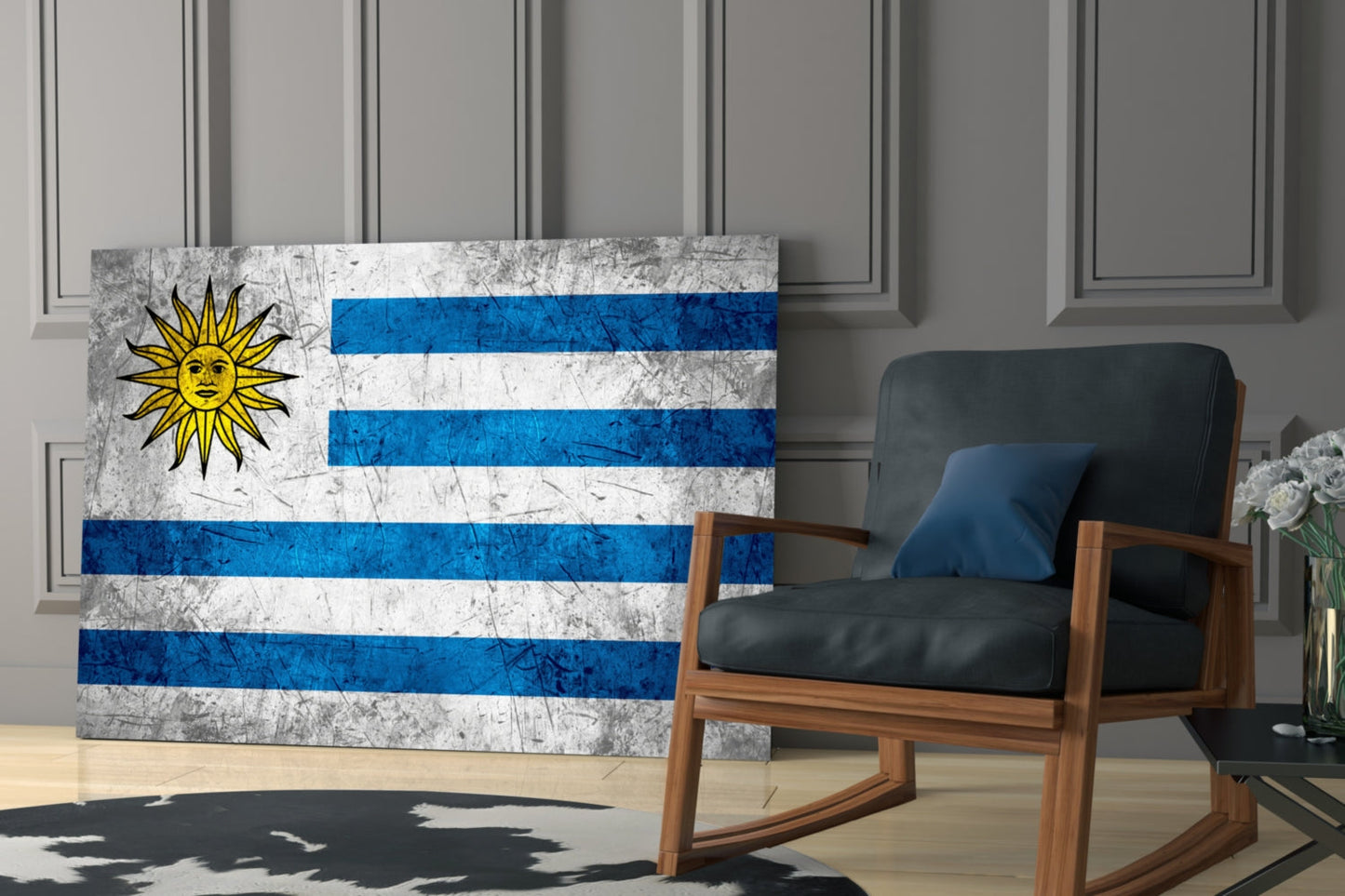 Uruguayan flag glass wall art displaying blue and white horizontal stripes and yellow sun symbol, leaning against wall beside wooden chair.