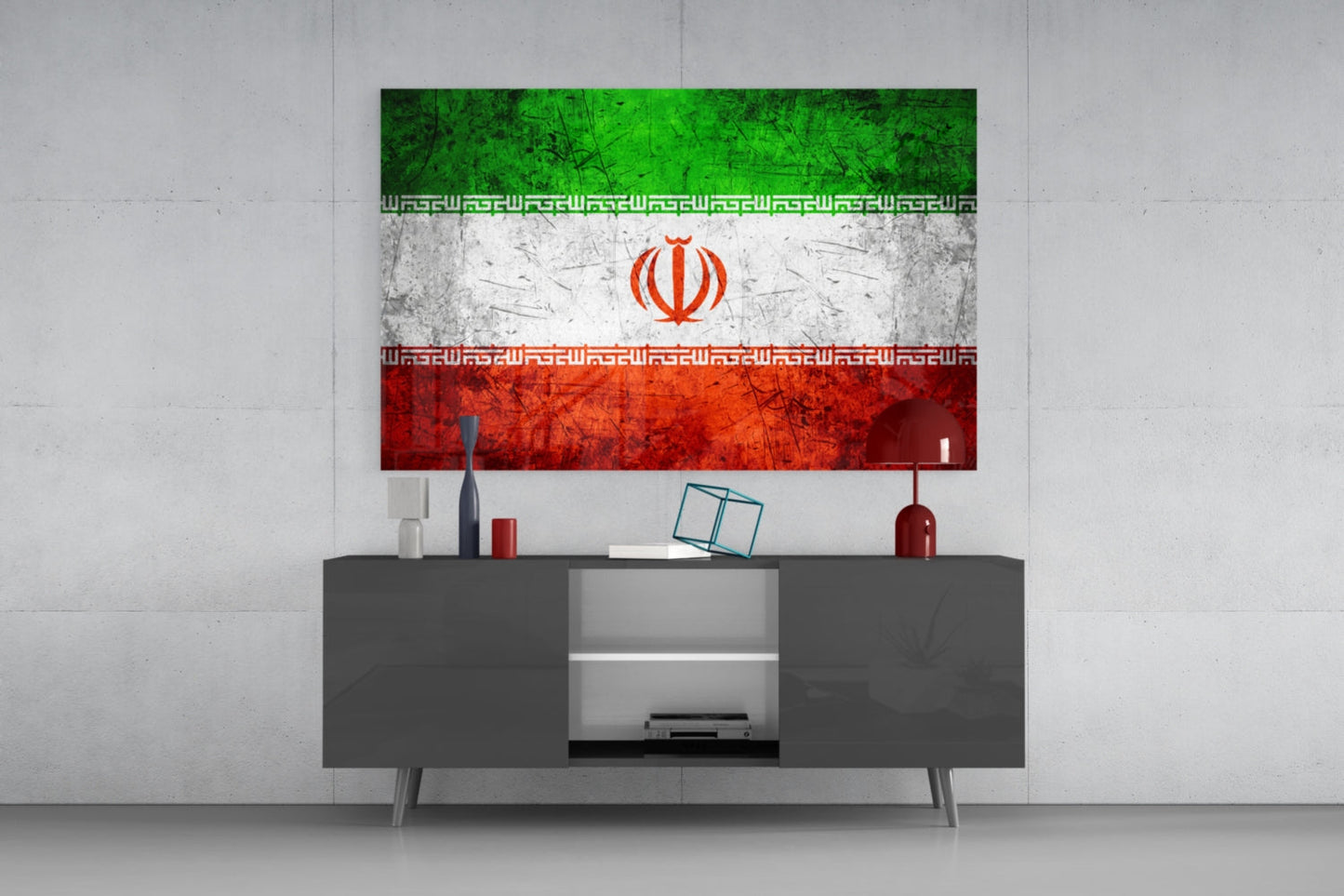 Iranian flag glass wall art displayed above gray media console in modern interior setting.