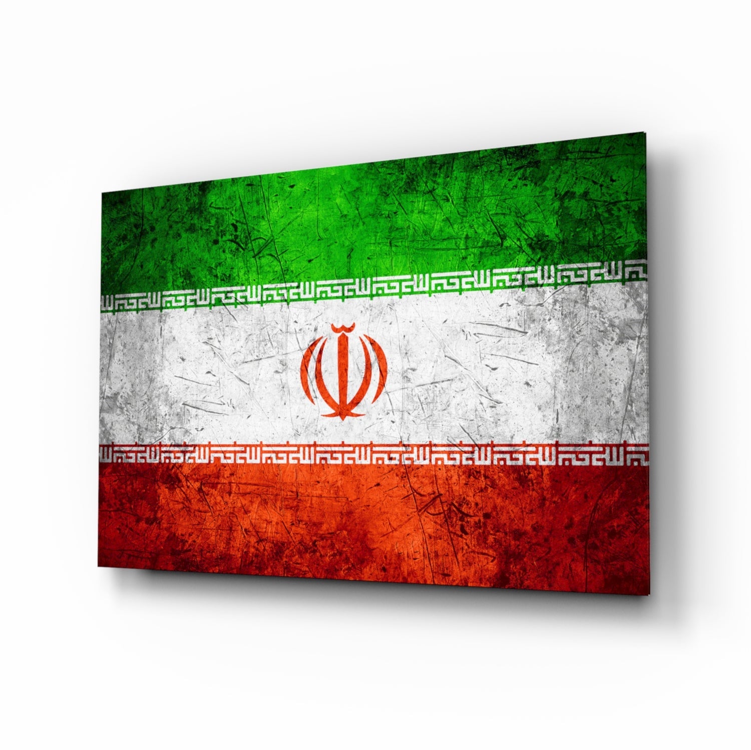Angled 3D view of Iranian flag glass wall art displaying green, white, and red horizontal stripes with red emblem and decorative borders.