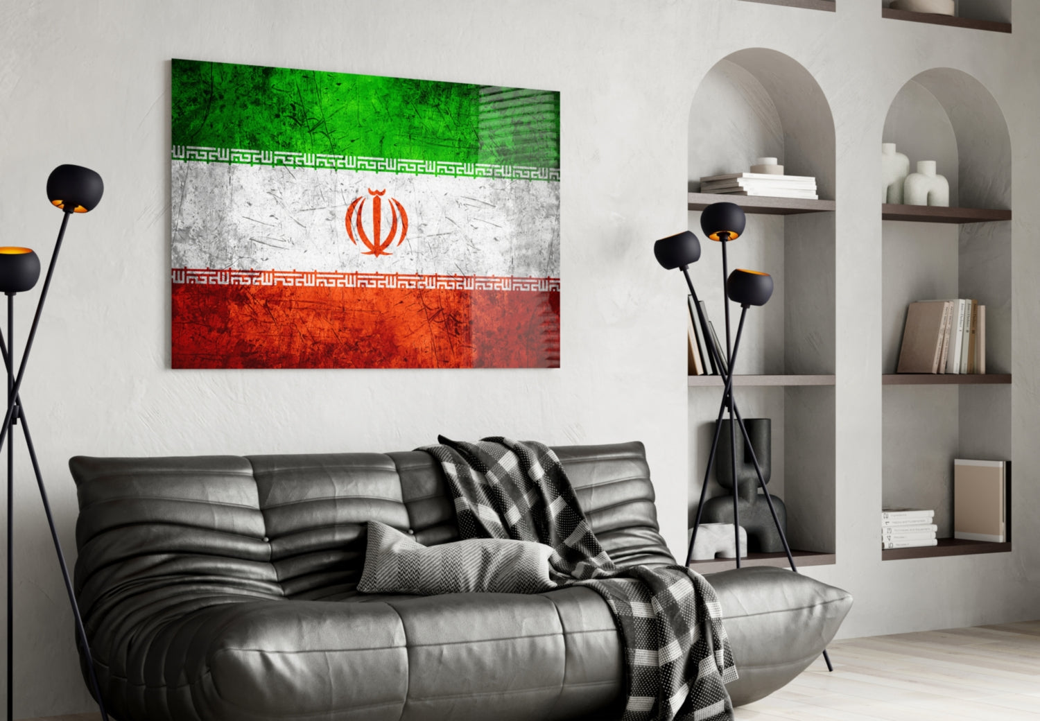 Iranian flag glass wall art displayed above black leather sofa in modern living room interior with shelving.