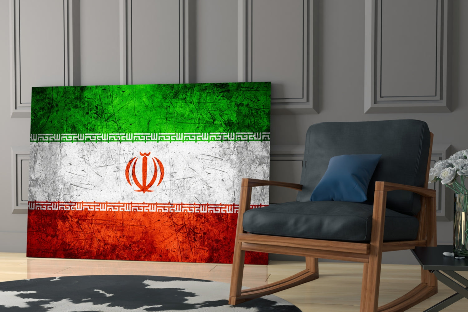 Iranian flag glass wall art displayed in modern living room next to wooden chair with blue cushion.