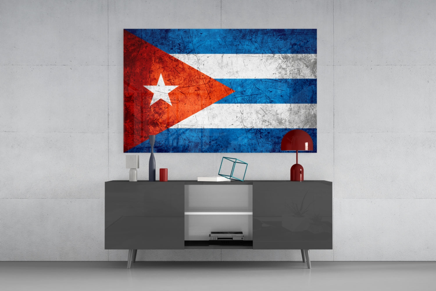 Cuban flag glass wall art with red, white, and blue stripes and white star displayed above gray media console in modern interior.