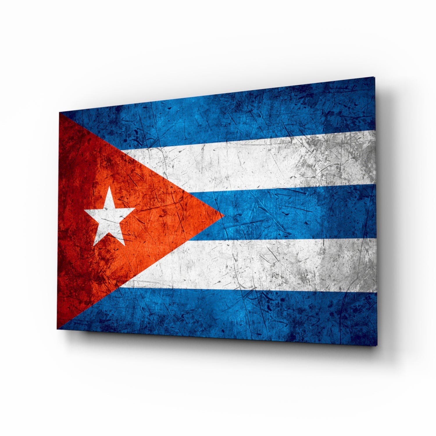 Cuban flag glass wall art displayed at an angle, showing red, white, and blue horizontal stripes with white star, weathered surface texture.