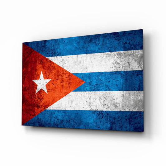 Cuban flag glass wall art displayed at an angle, showing red, white, and blue horizontal stripes with white star, weathered surface texture.