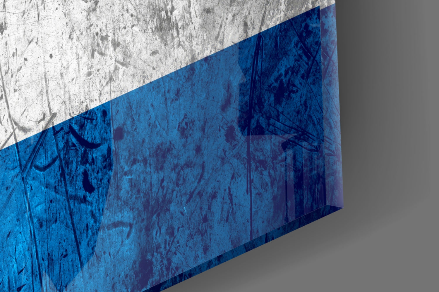 Angled view of Cuban flag glass wall art showing blue and white striped sections with weathered texture against gray background.